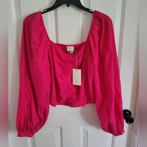 A New Day Women's Hot Pink Long Balloon Sleeve Slim Fit Ruched Front Top Sz Med